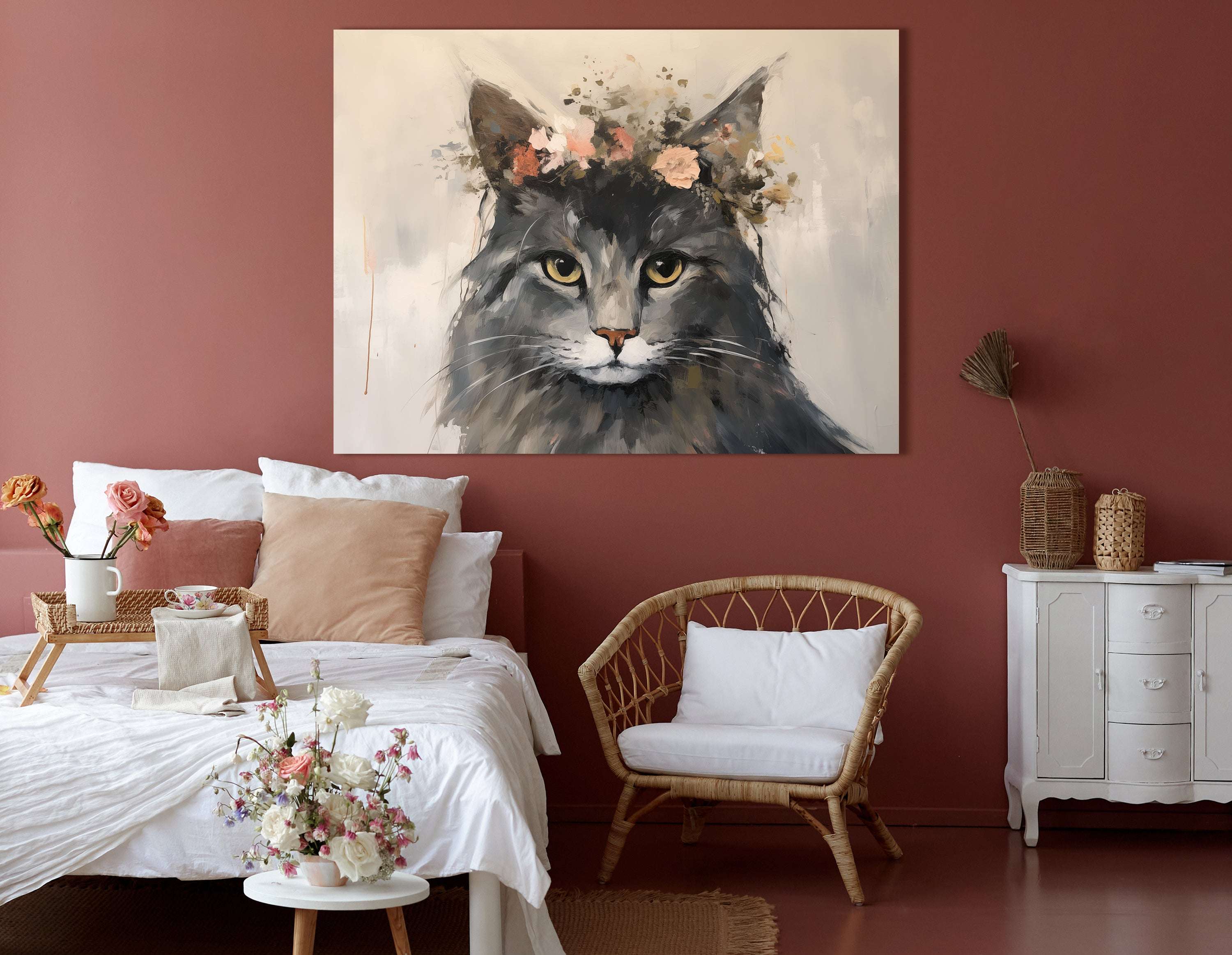 Cat Portrait with Floral Crown - Canvas Print - Artoholica Ready to Hang Canvas Print