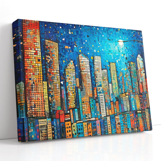 City at Night Wood Mosaics Style - Canvas Print - Artoholica Ready to Hang Canvas Print
