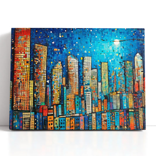 City at Night Wood Mosaics Style - Canvas Print - Artoholica Ready to Hang Canvas Print