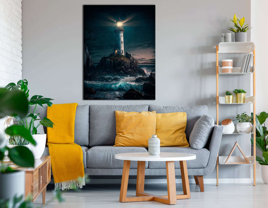 Dark Night Sky over Lighthouse on the Rocky Island - Canvas Print - Artoholica Ready to Hang Canvas Print