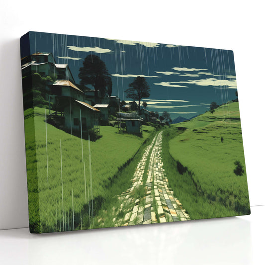 Digital Village Scene with Cobblestone Path - Canvas Print - Artoholica Ready to Hang Canvas Print