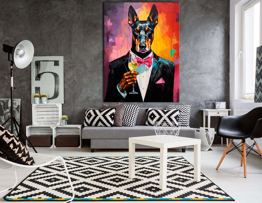 Doberman in Classy Suit Holding a Glass of Wine - Canvas Print - Artoholica Ready to Hang Canvas Print