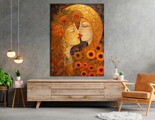 Golden Hues Portrait of Woman Kissing Moon - Canvas Print - Artoholica Ready to Hang Canvas Print