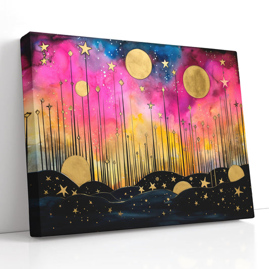 Landscape with Stars and Moons in Pink and Gold - Canvas Print - Artoholica Ready to Hang Canvas Print