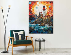 Mosaic-Style Seaside Lighthouse - Canvas Print - Artoholica Ready to Hang Canvas Print