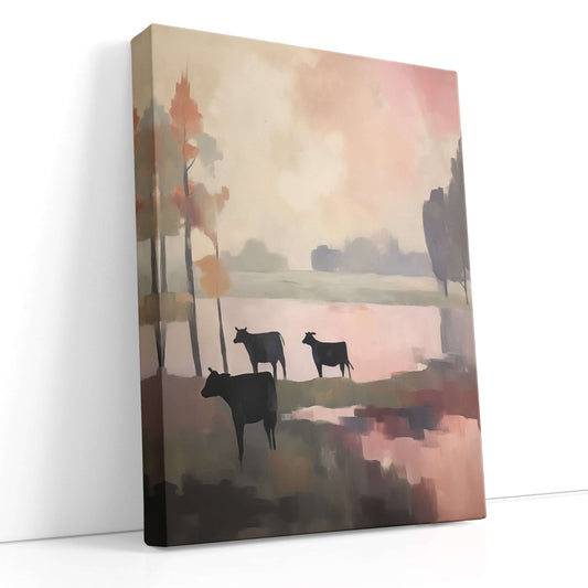 Pastoral Scene at Dusk with Cow Silhouettes - Canvas Print - Artoholica Ready to Hang Canvas Print