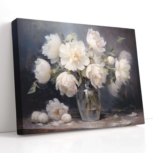 White Peonies in a Glass Vase - Canvas Print - Artoholica Ready to Hang Canvas Print